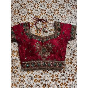 Embroidered Sari Blouse Beaded Sequins Indian Wedding‎ Party Crop Top Red Sz S